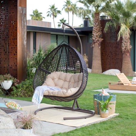 Belham Living Samos Resin Wicker Hanging Double Egg Chair with Cushion and Stand