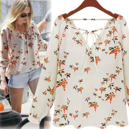 Shorts Printed Chiffon Blouse - EFINNY New Women Summer Elegant Casual Floral Print Chiffon Long Sleeve Shirts Blouse Tops