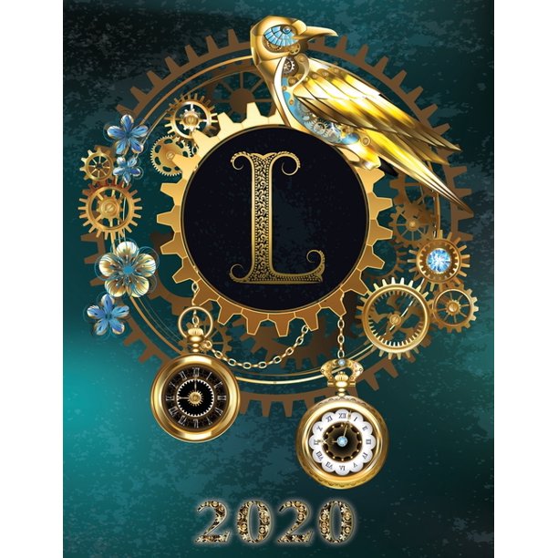 Weekly Planner Initial "L" Monogram 2020: Steampunk Teal Falcon and Clock Personalized 12-Month Large Print Letter-Sized Schedule Organizer by Week Co