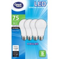 Great Value LED A19 (E26) Light Bulbs, 14W (75W Equivalent), Daylight, 4-Pack