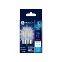 GE LED 5.5W HD Reveal Decorative Medium Base, Dimmable, 2pk Light Bulbs
