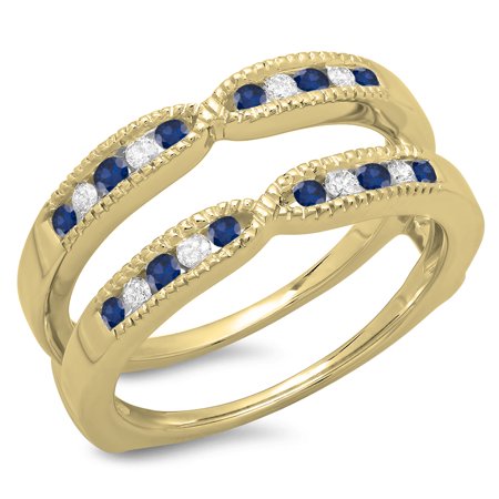 - 14K Gold Round Cut Blue Sapphire & White Diamond Ladies Millgrain Anniversary Wedding Band Guard Ring