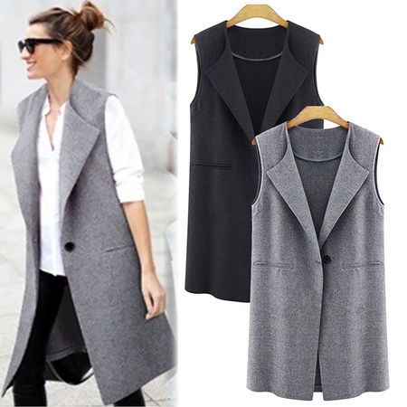 Women Casual Sleeveless Long Duster Coat Jacket Cardigan Suit Vest Waistcoat