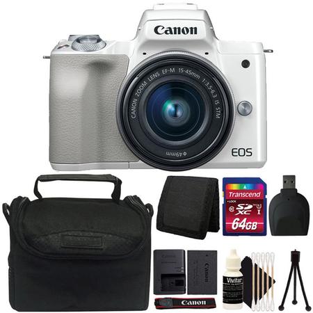 Canon EOS M50 Mirrorless Built-in Wifi Camera with 15-45mm Lens White and 64GB Accessory