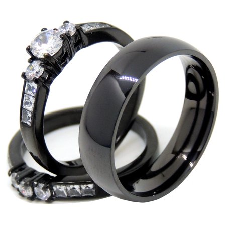 3 Stone Engagement Wedding Ring Couples Rings Black Set Womens 3 Stone Small Round CZ Engagement Ring Mens Traditional Wedding Band - Size W5M13 ()