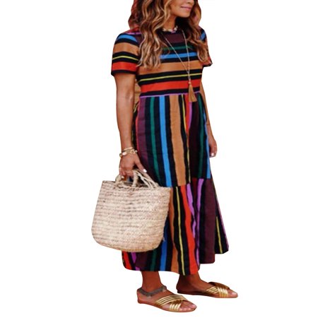 Boho Beach Dress for Women Colorful Stripes Long Maxi Sundress Summer Casual Evening Party Cocktail Holiday (Best Dress For Photoshoot)