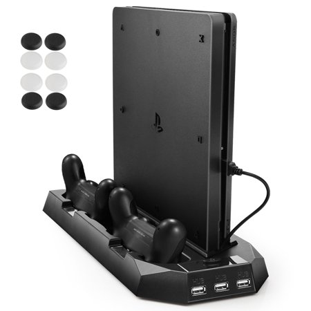 AGPtek Vertical Stand for PS4 Slim / PS4 Cooling Fan Dual Controller Charging Station 3 Extra USB