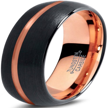 Palm Tungsten E2 Accessories Tungsten Wedding Band Ring 6mm for Men Women Black & 18K Rose Gold Plated Offset Line Dome Brushed Polished Lifetime Guarantee ()