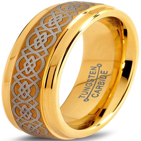 Mens Celtic Wedding Bands Gold Tungsten Wedding Band Ring 6mm for Men Women Comfort Fit Celtic 18K Yellow Gold Plated Step Beveled Edge Brushed Polished Lifetime Guarantee ()