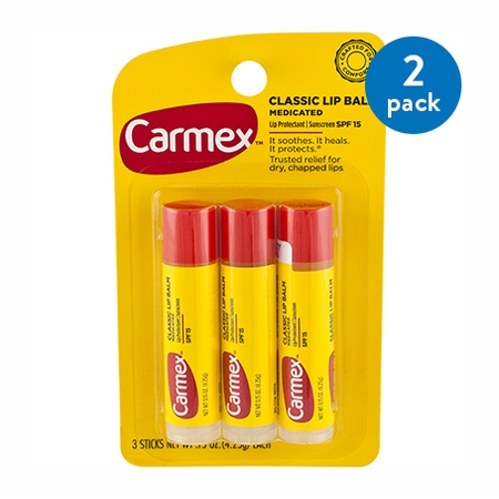 (2 Pack) Carmex Classic Lip Balm Medicated Sunscreen, SPF 15, .15 oz, 3