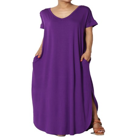 TheMogan Women's Viscose Jersey V-Neck Short Sleeve Relaxed T-Shirt Slit Maxi Dress