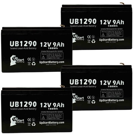 - 4x Pack - Compatible Ademco 1001145 Battery - Replacement UB1290 Universal Sealed Lead Acid Battery (12V, 9Ah, 9000mAh, F1 Terminal, AGM, SLA) - Includes 8 F1 to F2 Terminal Adapters