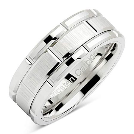 White Gold Mens Wedding Band - Tungsten Rings For Men Wedding Band White Gold Brick Pattern Rhodium Plated Sizes 8-16
