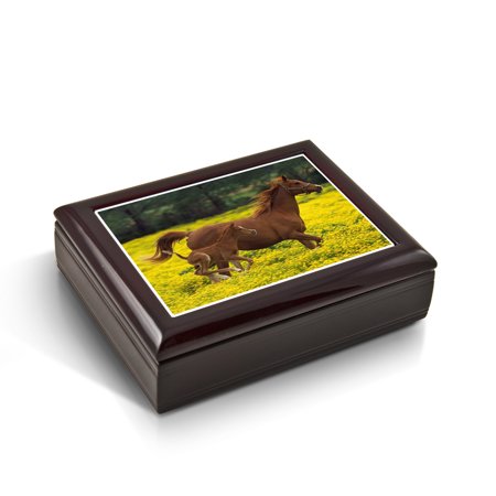 Horse Tile Box - Mother And Baby Horse (Foal) In The Prairie Tile Musical Jewelry Box - Yankee Doodle