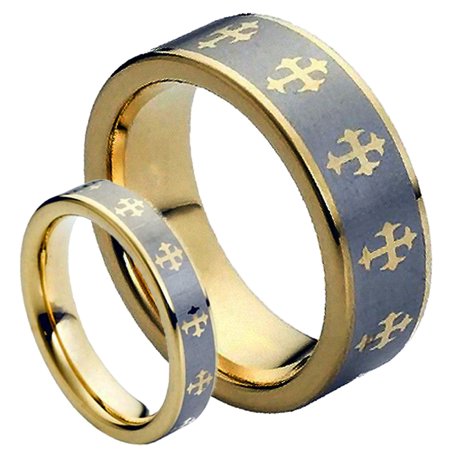 Diamond Set Celtic Ring - For Him & Her 8MM/5MM Tungsten Carbide Two Tone Gold Plated Laser Etched Celtic Cross Wedding Band Ring Set