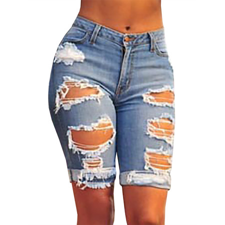 Women Holes Ripped Jeans Summer Casual Denim Capris Knee-length Pants Woman's