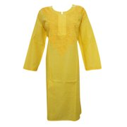 Mogul Womans Long Tunic Caftan Dress Yellow Embroidered Cotton Kurta XXXL