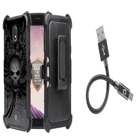 Short Cell - BC Rugged Dual Layer Armor Kickstand Holster Case (Skull Wings) with Short Nylon Braided USB Cable (4 inches) and Atom Cloth for Samsung Galaxy J7 Star (T-Mobile)