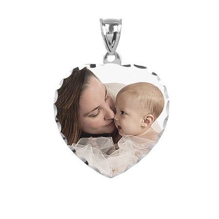 Personalized Sterling Silver, Gold Plated, 10k or 14k Heart Design Color Photo Charm with Diamond Cut