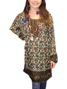 Mogul Women's Paisley Print Long Sleeves Ethnic Tunic Blouse Dress M