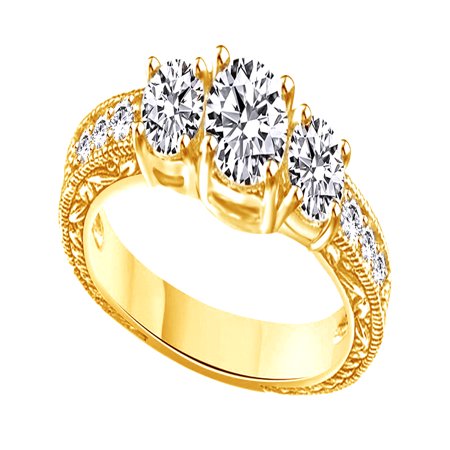 - White Cubic Zirconia Vintage Style Three Stone Promise Ring In 14k Yellow Gold Over Sterling Silver