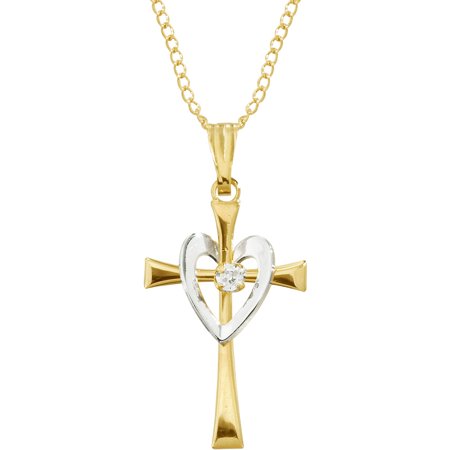 - 14K Yellow Gold-Filled, Rhodium-Plated Cross Heart Pendant with 1.0 CTTW CZ Accent, 18