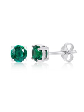 Sterling Silver Created Emerald Stud Earrings