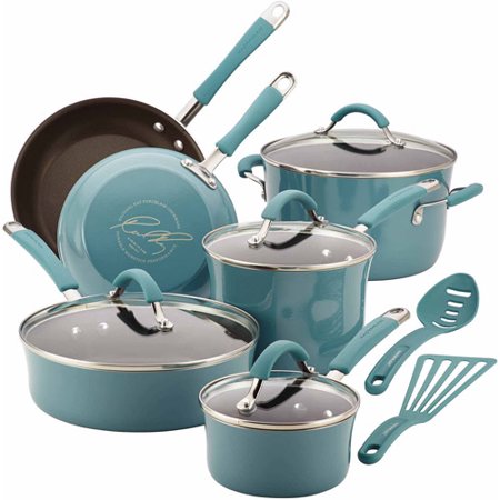 Rachael Ray Cucina Hard Enamel Nonstick 12-Piece Cookware Set, Agave