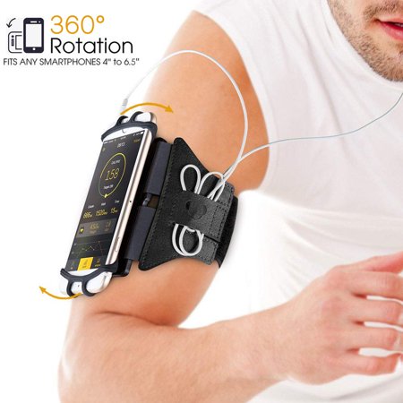 - 360° Rotatable Sports Armband, Sweatproof Cellphone Holder Case Arm Band Strap Pouch w/ Adjustable Strap Built-in Key Holder Exercise Hiking Biking Running Workout Compatible iPhone Android Smartphone