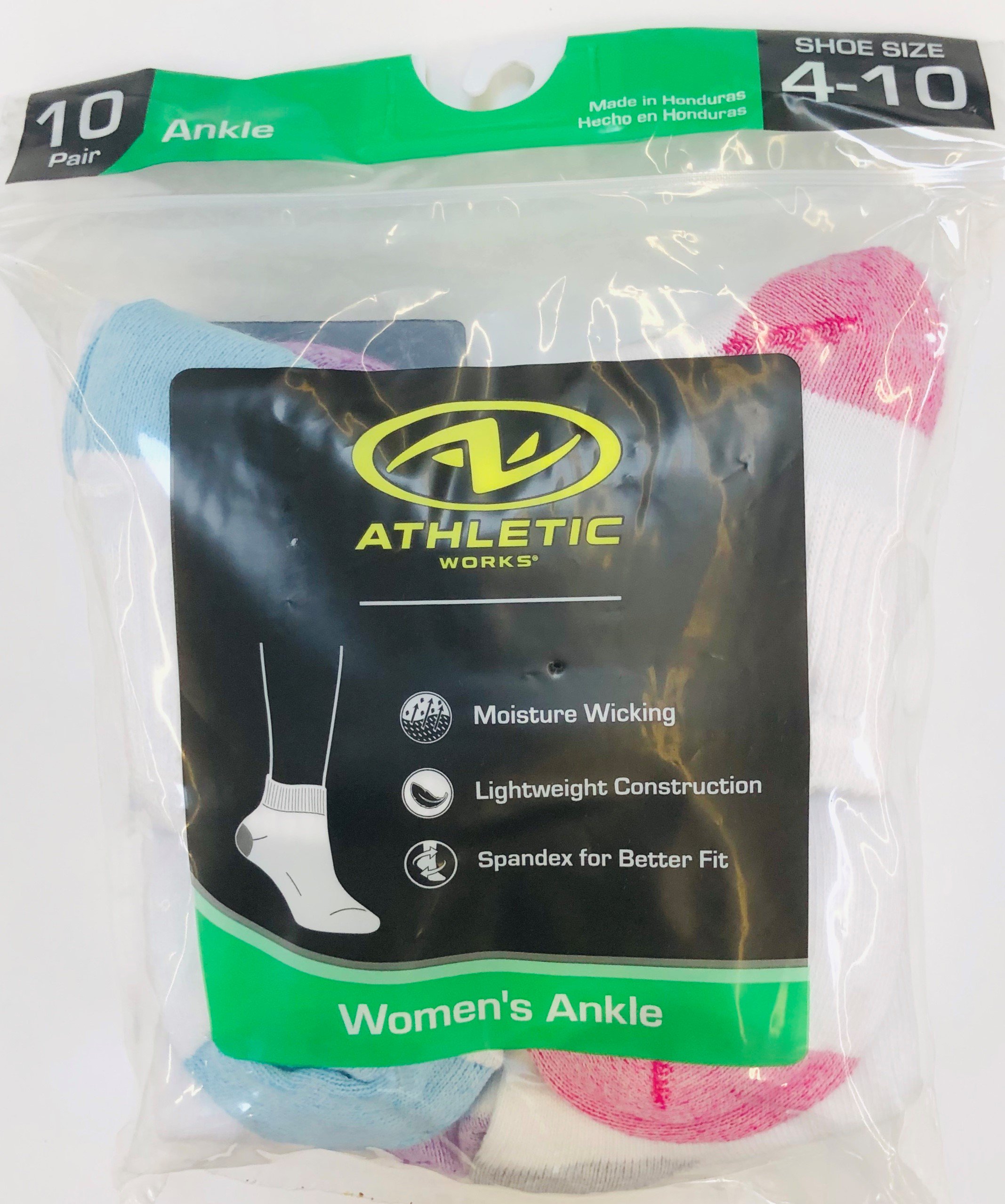 Athletic Works Women's Flat-Knit Ankle Socks, 10 Pairs, White with Colors, 4-10