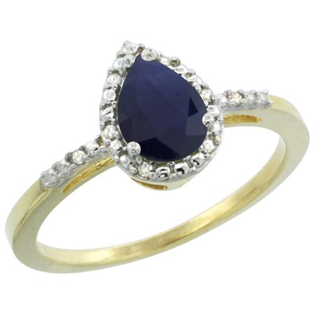 Diamond Blue Pear Sapphires Ring - 10K Yellow Gold Diamond Natural Blue Sapphire Ring Pear 7x5mm, size 6