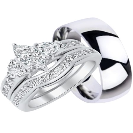 Him Ring Set - His and Hers Wedding Ring Set Matching Trio Wedding Bands for Him (Titanium) and Her (Sterling Silver)
