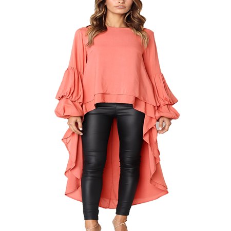 - JustVH Women's Long Puff Sleeve High Low Asymmetrical Irregular Hem Casual Tops Blouse Shirt Dress