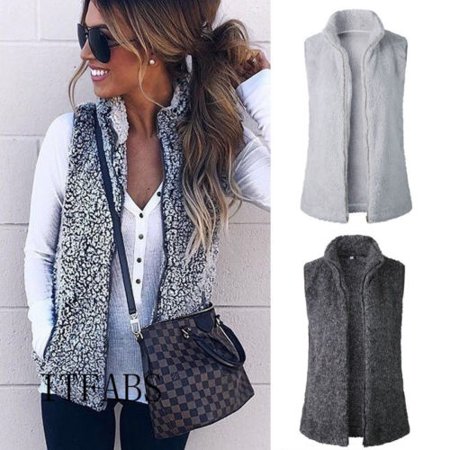 Women Vest Winter Warm Outwear Casual Faux Fur Zip Up Sherpa Jacket Coat (Best Faux Fur Vest)