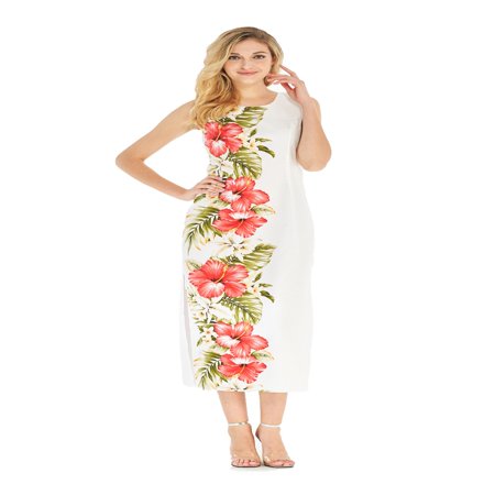 Womens Premium Hibiscus Antique Made In Hawaii Women's Hawaiian Luau Long Tank Dress in White Side Giant Hibiscus 2XL ()