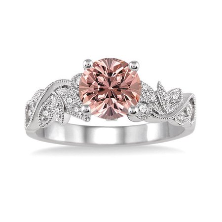 Cut Ladies Diamond Engagment Ring 1.25 Carat Round cut Morganite and Diamond Flower leaf shape Engagement Ring for Women in 10k White Gold ()
