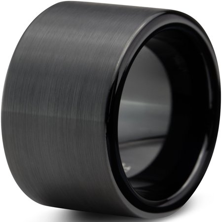 12mm Band Ring - Tungsten Wedding Band Ring 12mm for Men Women Comfort Fit Black Pipe Cut Brushed Lifetime Guarantee
