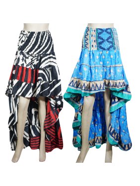 Mogul Womens Gypsy Fairy Skirt Hi Low Recycled Sari Printed Free Falling Flirty Twirling Ruffle Skirts