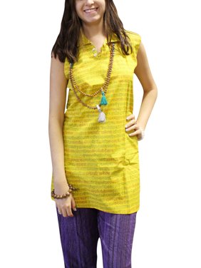 Mogul Women’s Long Yellow Kurta with Green Yellow Sanskrit Mantra Print Sleeveless Cotton Boho Chic Yoga Tunic S