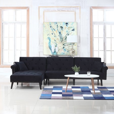 Modern Style Velvet Sleeper Futon Sofa Living Room L Shape Modern Style Velvet Sleeper Futon Sofa Living Room L Shape Sectional Couch With Reclining Backrest And Chaise Lounge Black