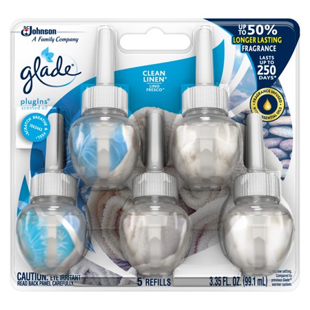 Glade PlugIns Scented Oil Refill Clean Linen, Essential Oil Infused Wall Plug In, 3.35 FL OZ, Pack of