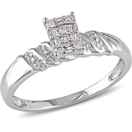 - 1/10 Carat T.W. Round and Parallel Baguette Diamond Sterling Silver Cluster Engagement Ring