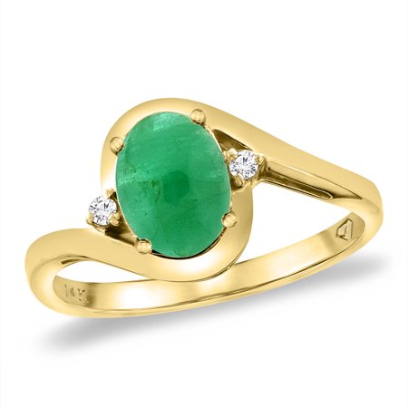 - 14K Yellow Gold Diamond Natural Cabochon Emerald Bypass Engagement Ring Oval 8x6 mm, size 5