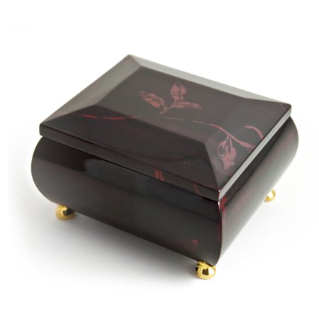 - Stunning Burgundy Beveled Top Music Jewelry Box With Artistic Floral Motif - Allouette