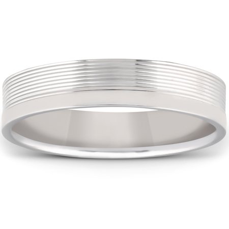 14k Goldmans Wedding Band - Mens 14k White Gold Grooved & High Polished Flat Wedding Band