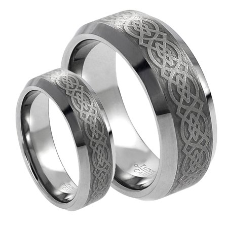 - For Him & Her 8MM/6MM Tungsten Carbide Beveled With Celtic Knot Design Wedding Band Ring Set