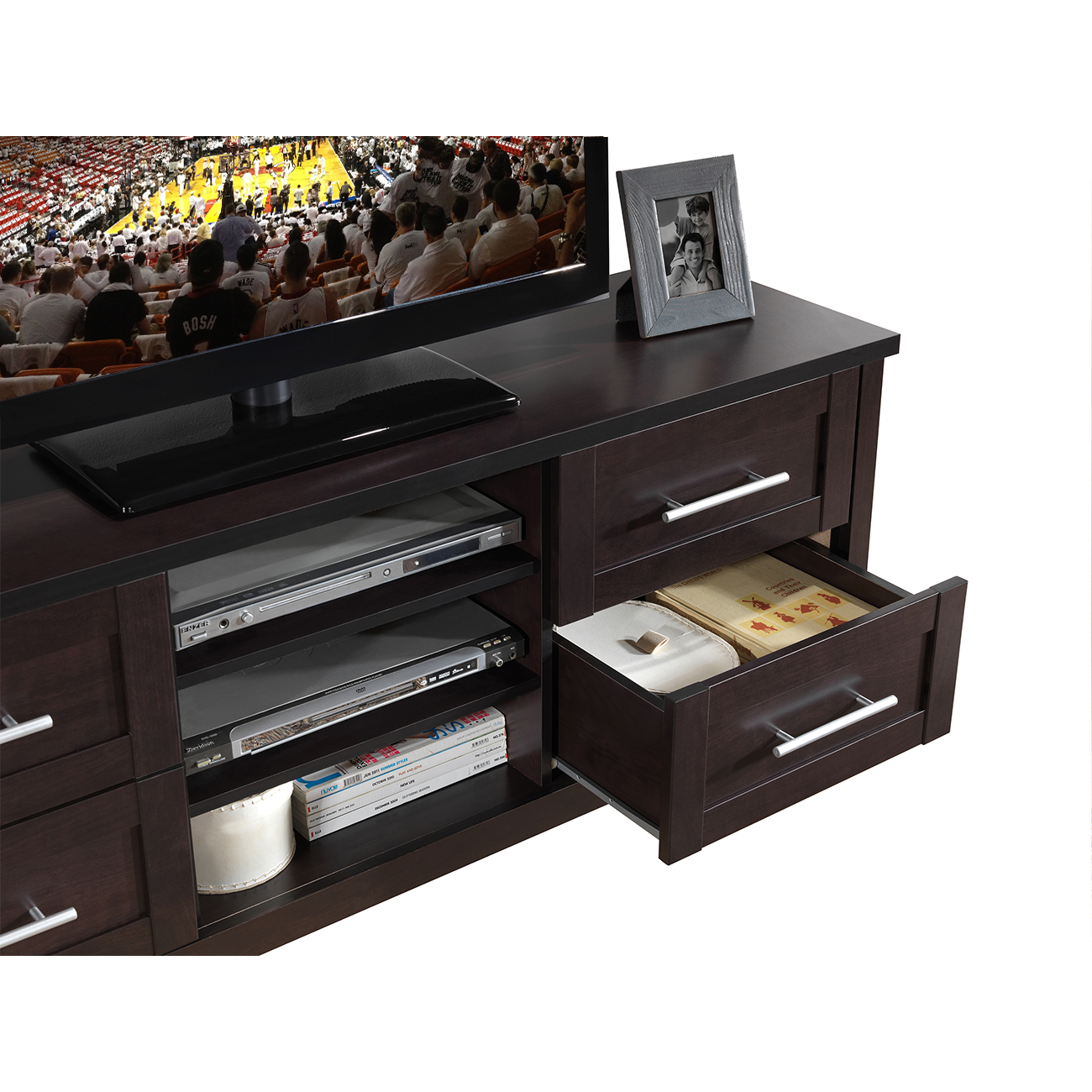 Techni Mobili Omaha Hickory 3-Drawer TV Stand for TVs up to 70'', Box 1 of 2