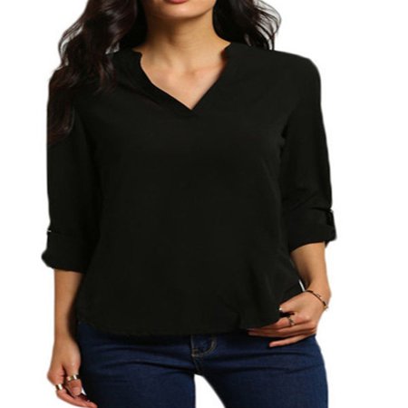 Plum Chiffon - Plus Size Womens V-Neck Loose Chiffon Shirt Long Sleeve Tops Oversized Blouse