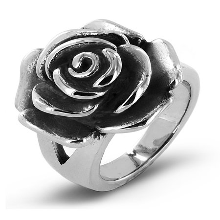 - Antiqued Stainless Steel Blooming Rose Cocktail Ring (20mm)