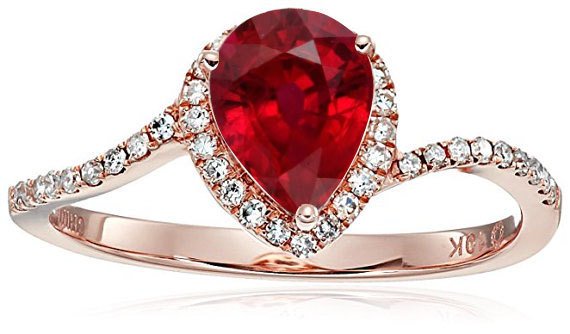 Pink Rose Gold Ruby 1.25 Carat Red Pear cut Ruby and Halo Diamond Engagement Ring in 10k Rose Gold for Women ()